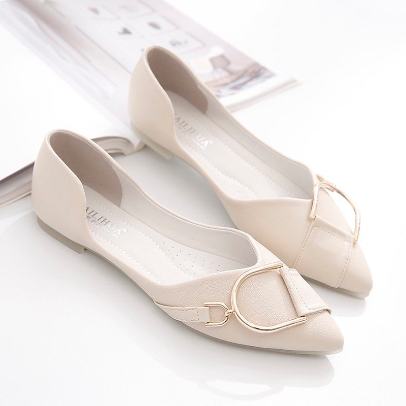 单鞋女春秋2021新款韩版浅口尖头金属扣豆豆鞋女软底平底鞋百搭夏,女鞋,浅口单鞋,淘宝优惠券,粉丝福利购,淘宝优惠卷