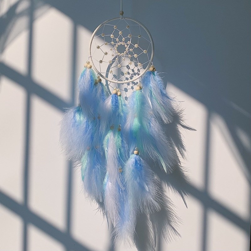 成品手工编织编织捕梦网羽毛装饰客厅房间个性礼物挂饰蓝色梦幻