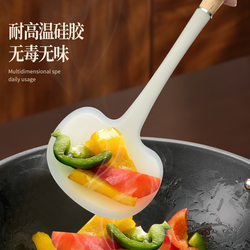 锅铲硅胶炒菜铲子家用蘑菇铲食品级耐高温不P粘锅专用小锅铲木柄
