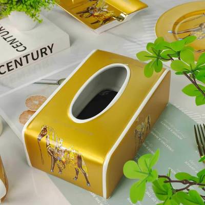 轻风金色战马陶纸巾盒家居饰品瓷客厅茶抽纸盒高颜纸巾盒值收几纳