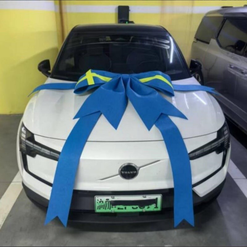 沃尔沃汽车经销商展厅交车区蝴蝶结布置蓝L色大蝴蝶结展厅蝴蝶结