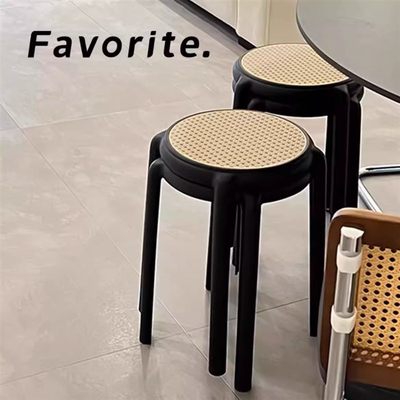 塑料凳子家用可叠放圆凳现代y简约客厅餐桌餐凳备用中古仿藤编椅