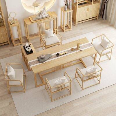 原木色茶桌椅组合一五桌椅办公家UFZ用木泡茶几新中式实台茶套装