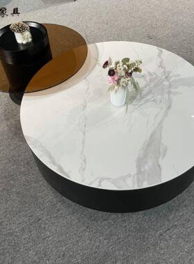 岩圆形茶家VLF几组合简约轻奢北白板色黑色茶几璃钢化玻边几客厅