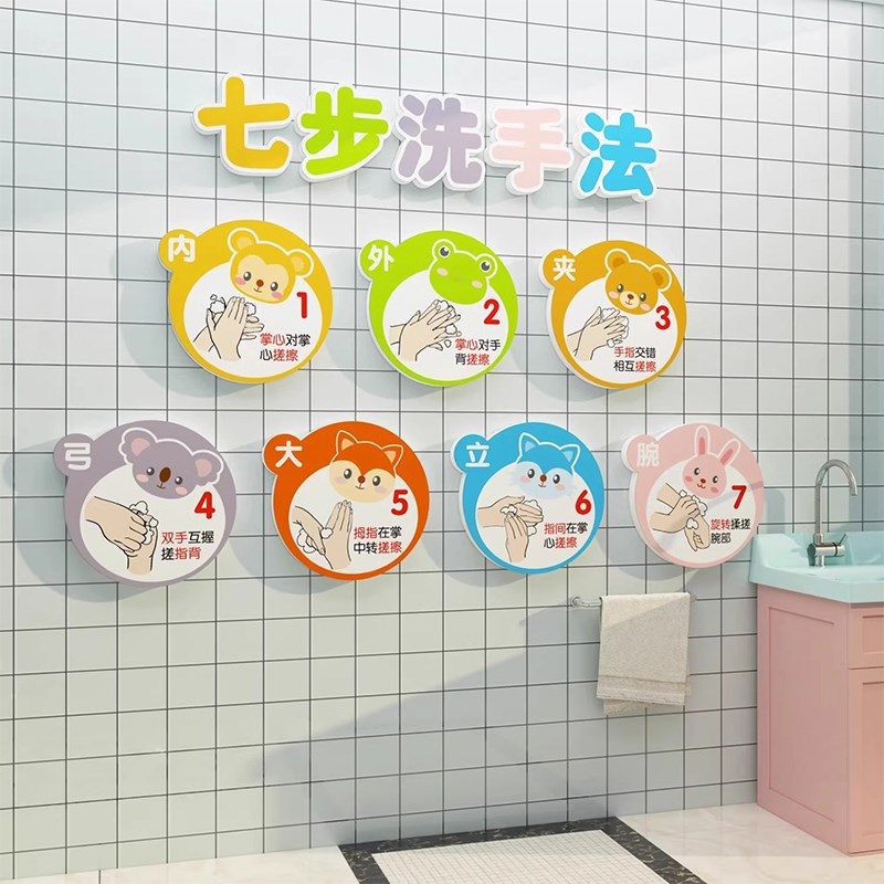 幼儿园简约现代儿童七步洗手法步骤图墙贴环创卡通厕所主题立体画