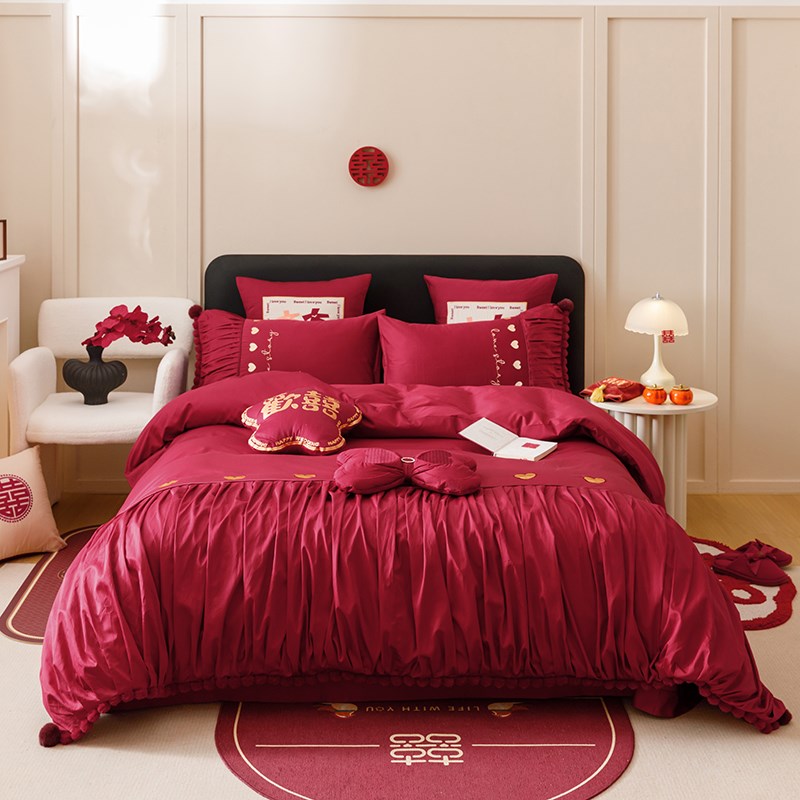 韩式少女心婚庆全棉四件套纯棉结婚床上用品大红色新婚床单喜被套