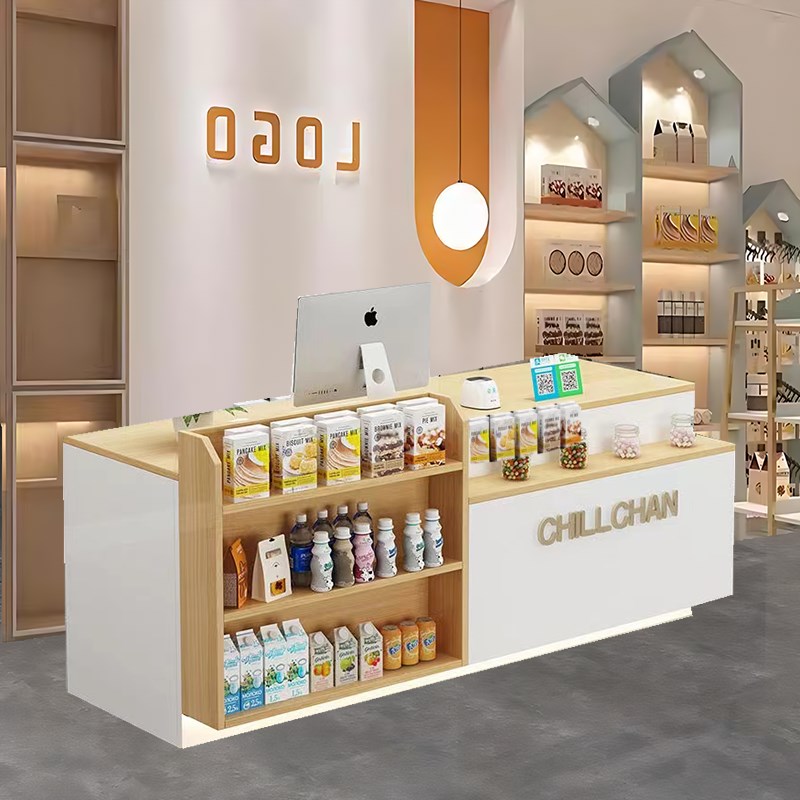 超市收银台展示柜一体吧台桌小型置物架商用餐饮奶茶店前台接待台