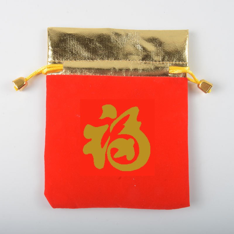 现货红色绒布烫金l福字袋抽绳袋喜庆物件收纳袋绒布礼品袋收纳金