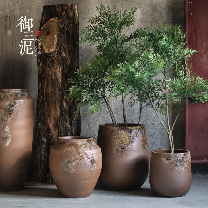 复古陶瓷干花花瓶三陶罐现代简约御插花瓶泥落地粗陶花盆客厅北欧