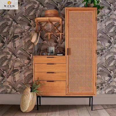 日式古藤复编民宿实木衣柜简约格卧室木门单四抽藤子编小户WOP型