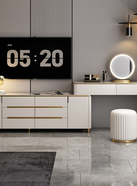 轻奢岩板梳妆台斗柜一体小户型电脑桌收纳柜网红insY风卧室电视柜