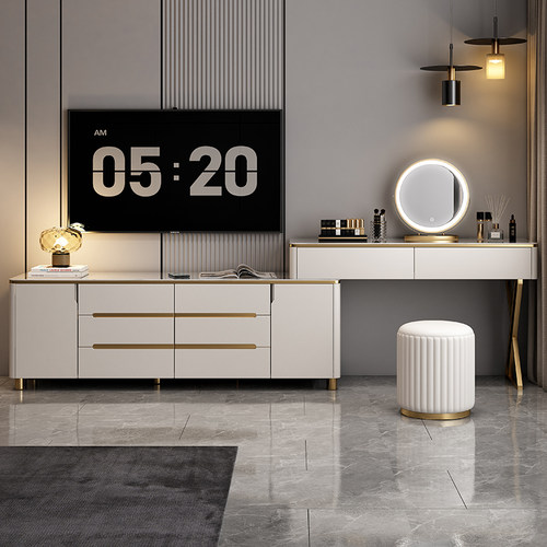 轻奢岩板梳妆台斗柜一体小户型电脑桌收纳柜网红insY风卧室电视柜