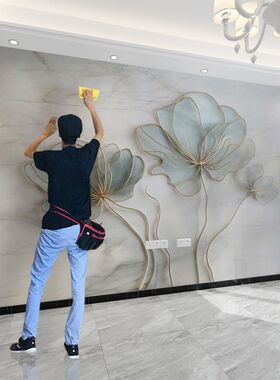 现代高级灰花卉墨绿荷花艺术电视B背景墙壁纸客厅沙发壁画卧室墙