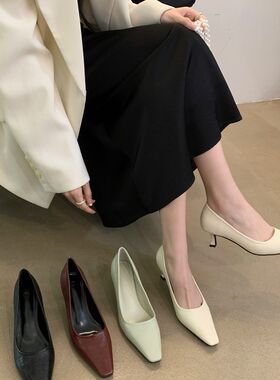气质淡淡绿色方头软皮浅口单鞋女H2024春季新款高跟鞋