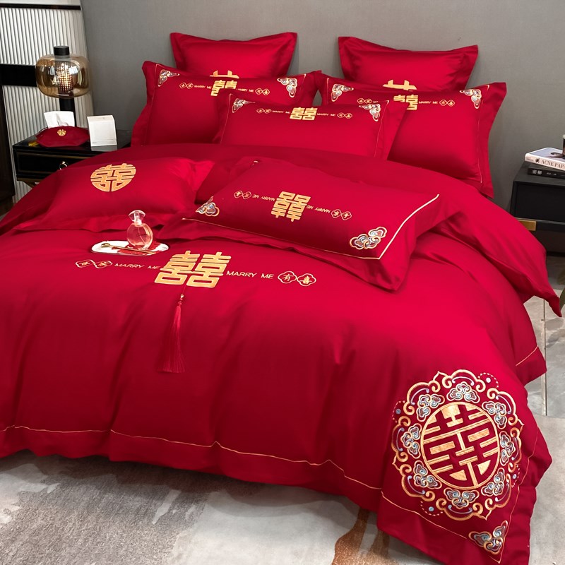 高档结婚四件套大红色床单新婚龙凤刺绣被套纯棉婚庆喜被床上用品