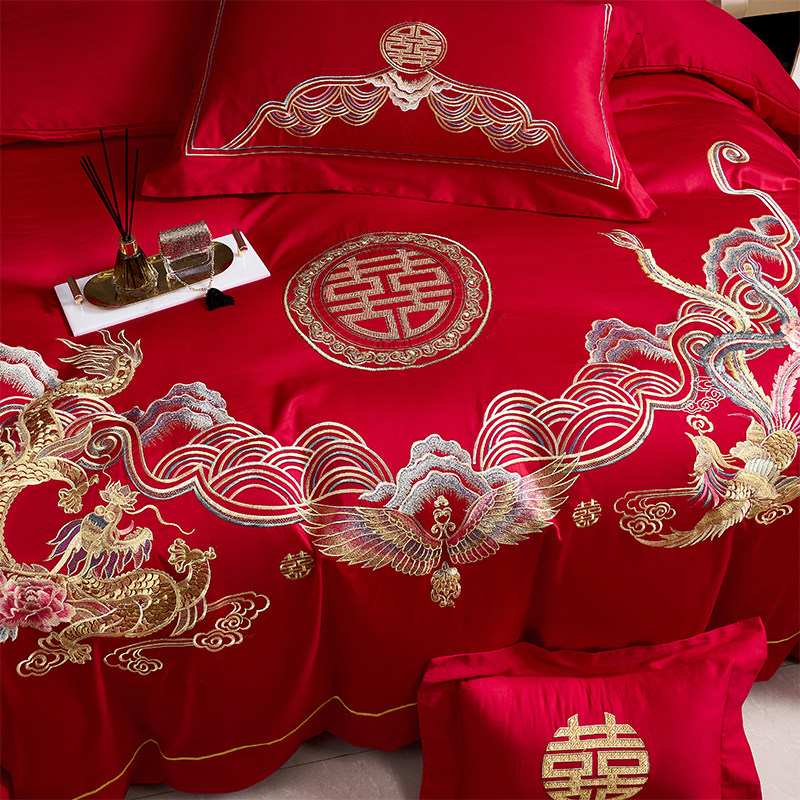 中式高档龙凤婚庆四件套大红色100S纯棉被套结婚送礼喜被床上用品