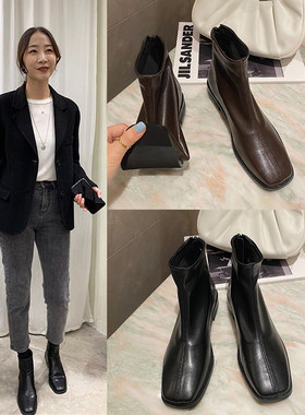 网红瘦瘦靴百搭英伦风马丁靴2021秋冬韩版新款粗跟U短靴女软皮靴