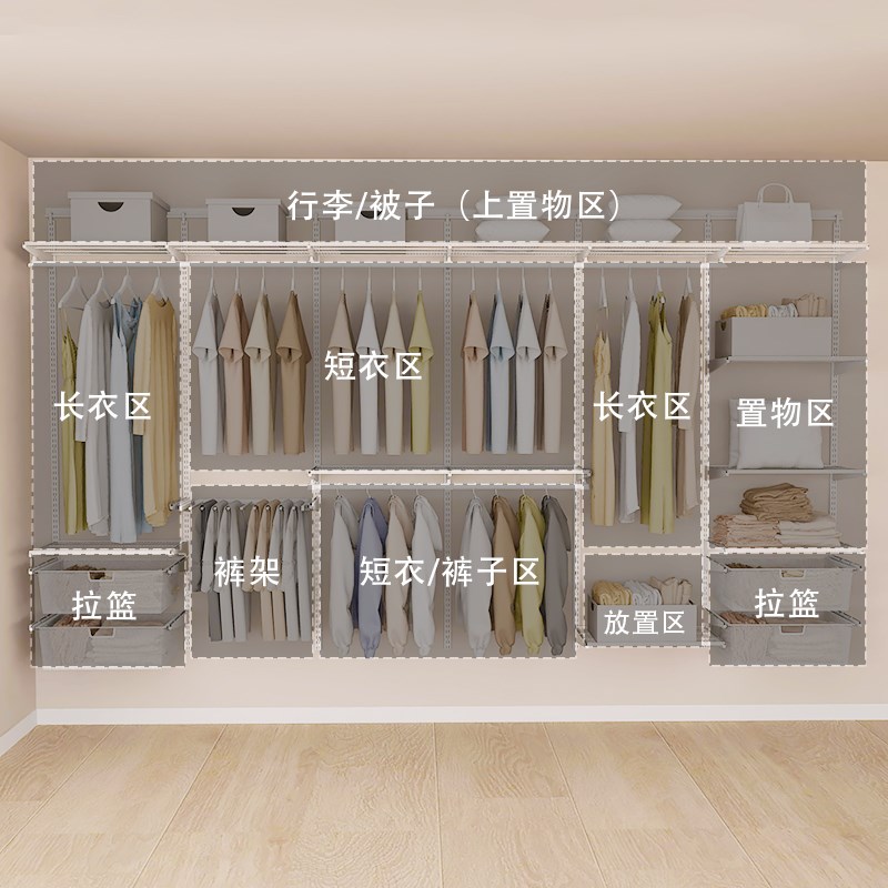 全金属衣帽间3.3-4米宽开放式衣柜定制砌墙五金上墙挂衣置物组合