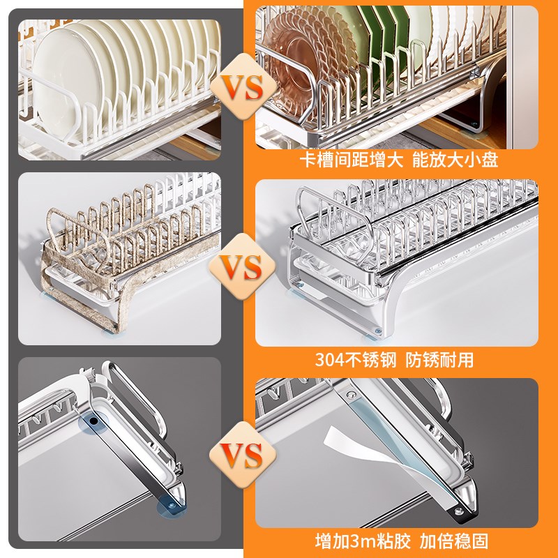 不锈钢碗碟收纳架厨房橱柜内置物架抽屉式拉篮抽拉碗盘子沥水碗架