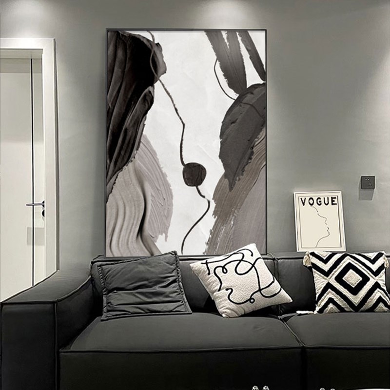 黑白极简艺术客厅装饰画抽象肌理沙发背景墙落地画高级感玄关挂画