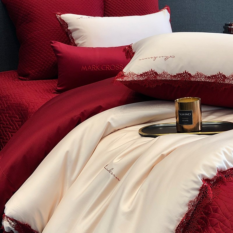 简约喜庆婚嫁长绒棉四件套全棉大红结婚婚庆纯棉床单被套床上用品
