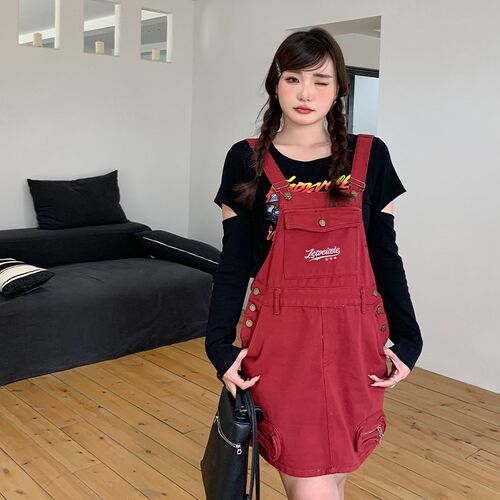 小波家2025春季胖mm美式y学院风套装遮肉显瘦工装背带裙+T恤