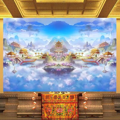 仙境天庭天宫佛堂背景墙u纸佛道仙壁纸仙鹤祥云世外桃源宫殿壁画