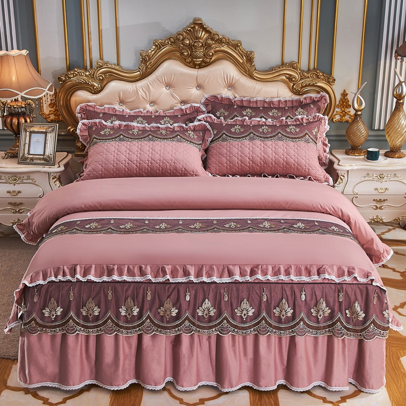 纯棉加厚被套四件套床裙款夹棉1.8公主风蕾丝双人2.0床罩床单婚庆