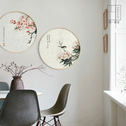 新中式花鸟工笔画酒店客厅饭厅卧室床头书房玄关圆形装饰墙壁挂画