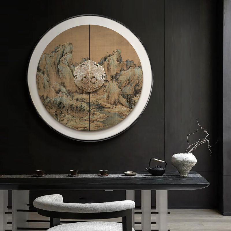 新中式玄关圆形装饰画茶室背景墙面立体壁画私宅别墅对门过道挂画图片