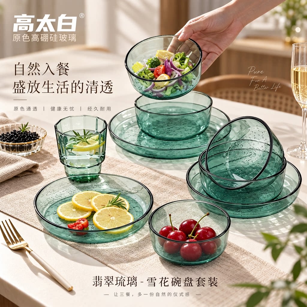 高太白湖绿色5英寸雪花纹碗盘2只