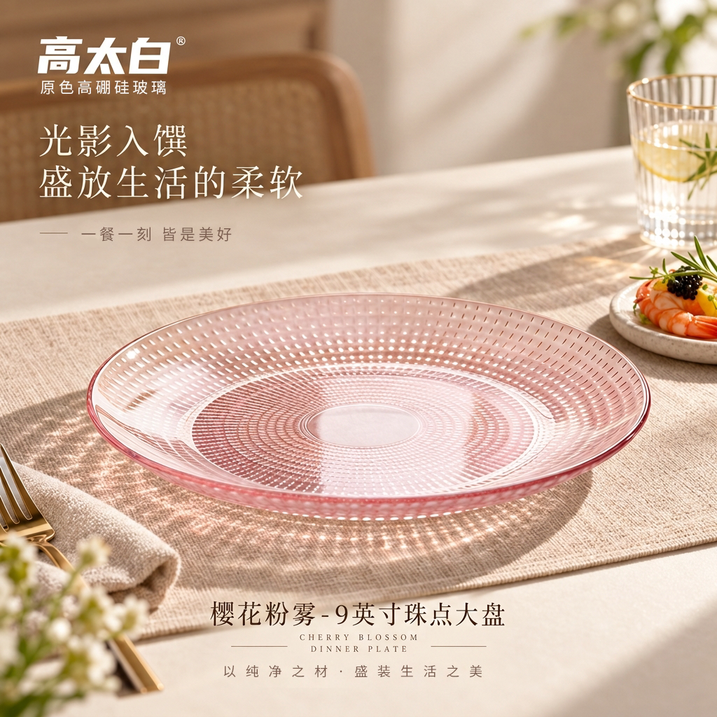 盘子家用大盘粉色高硼硅9英寸盘牛排盘平盘家用餐具可烤箱微波炉