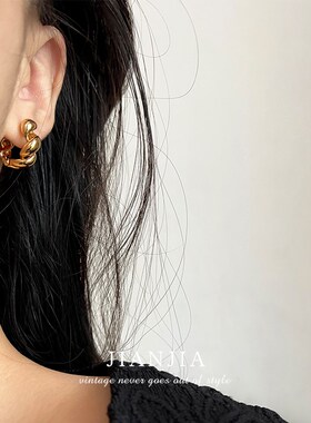 经典极简金色渐变麻花金属耳圈高级感18K真金高保色圈圈银色耳扣