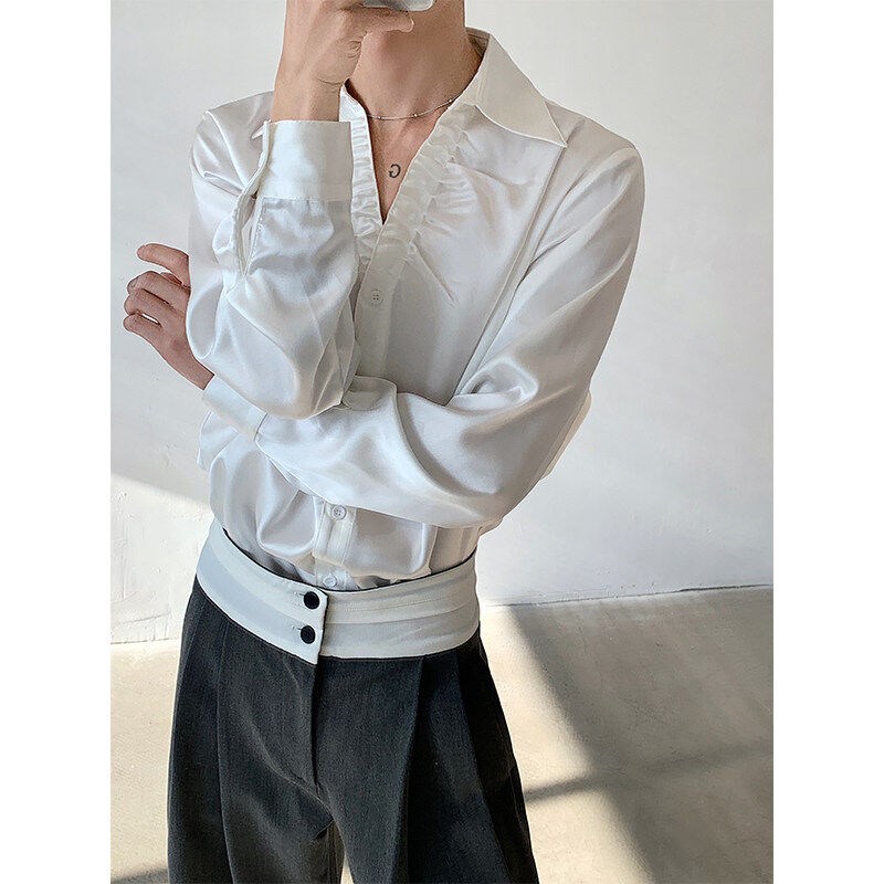 春夏法式V领抽褶亮面醋酸丝滑衬衫男长袖设计感气质网红衬衣时尚