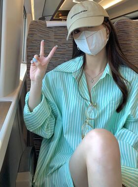 高级感绿色条纹衬衫女长袖夏季大码胖mm宽松中长款BVF风防晒衬衣