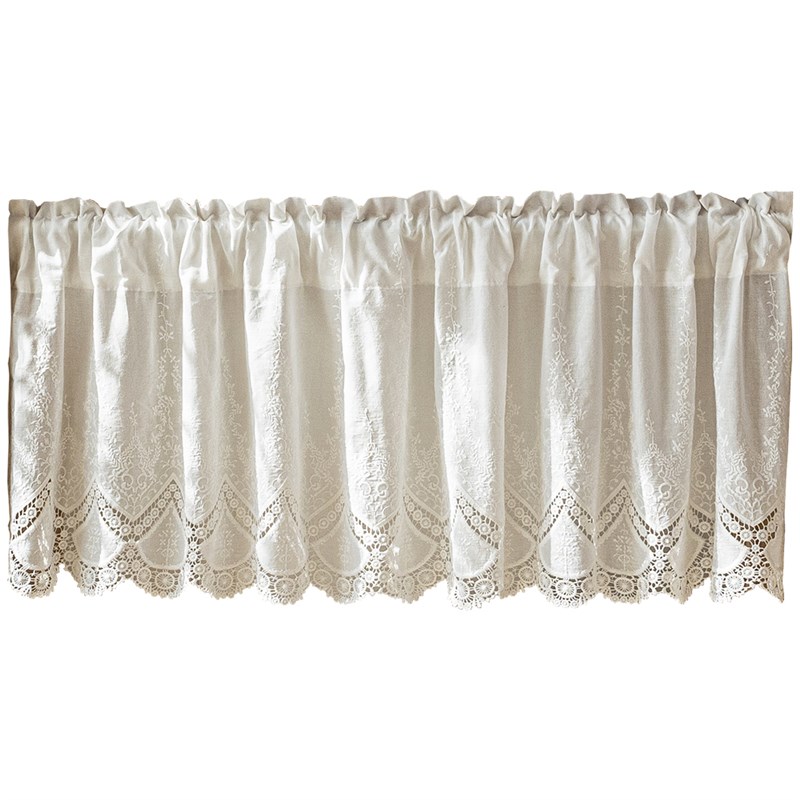 法式白色蕾丝厨房短帘美式纱帘半帘魔术贴免打孔穿杆隔断咖啡门帘