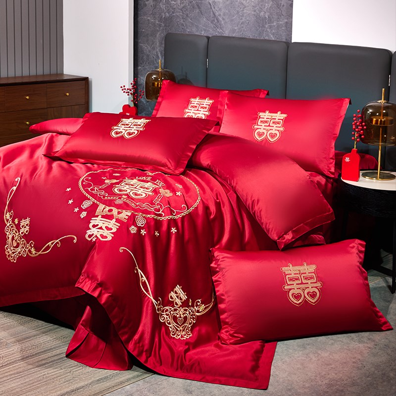 高档结婚床上四件套婚庆用品大全刺绣喜被子婚房布置装饰大红床单