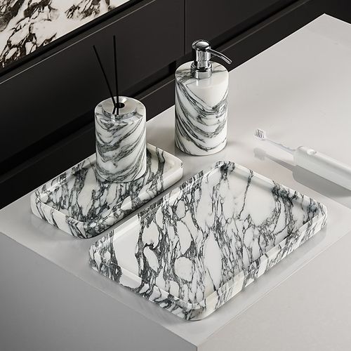 法式大花白天然大理石酒店卫生间洗漱套装置物架托盘浴室用品摆件
