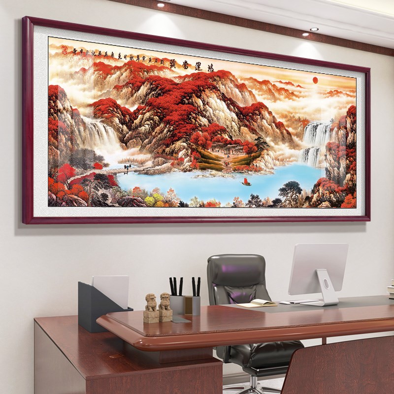 网红八方财水风景画横款聚宝盆国画山办公室挂画客厅装饰字来画背