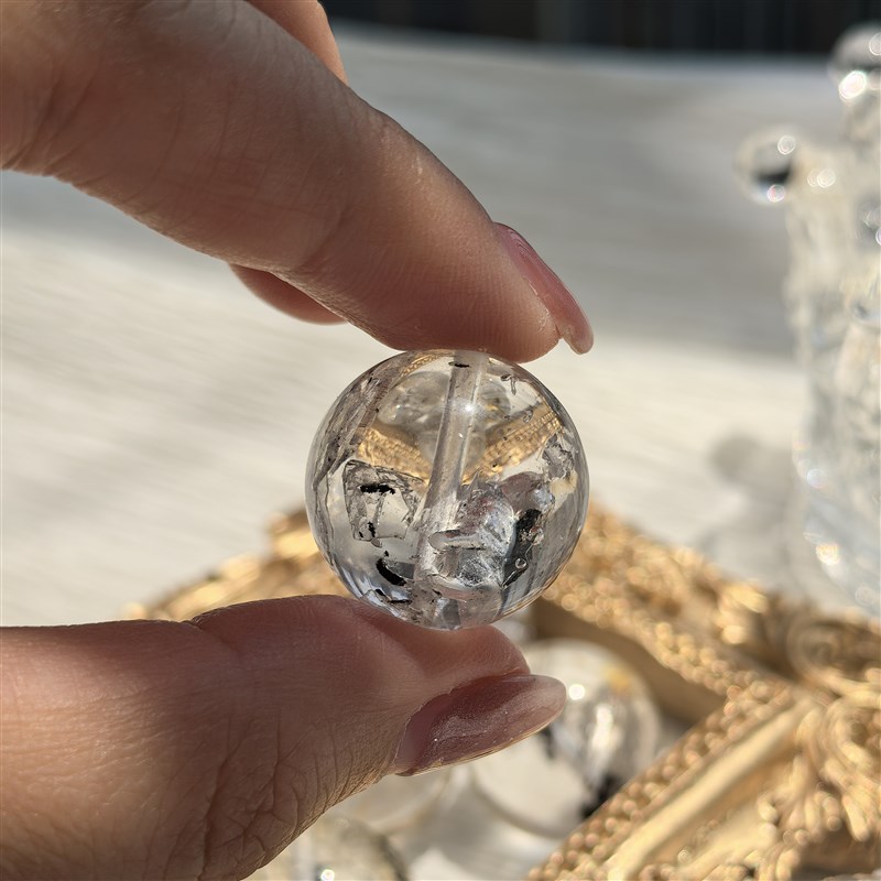 天然闪灵钻散珠赫尔基蒙高透黑水晶手工串珠子多宝手链圆珠单颗