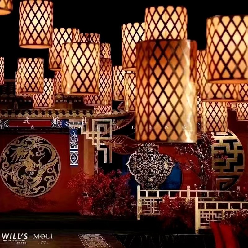 婚庆道具新中式吊顶铁艺雕花同心圆婚礼堂宴会厅装修改造汉式灯箱