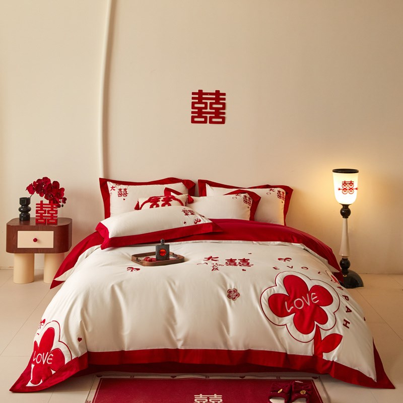 高档中式纯棉婚庆四件套大红色刺绣被套床单喜被新婚结婚床上用品