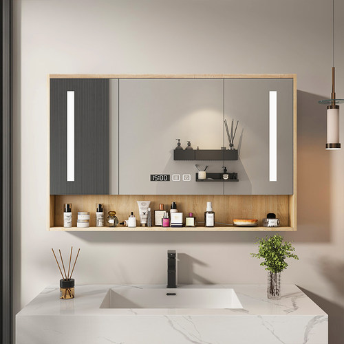 原木色浴室镜柜单独挂墙式卫生y间收纳除雾镜子柜带置物架灯洗手