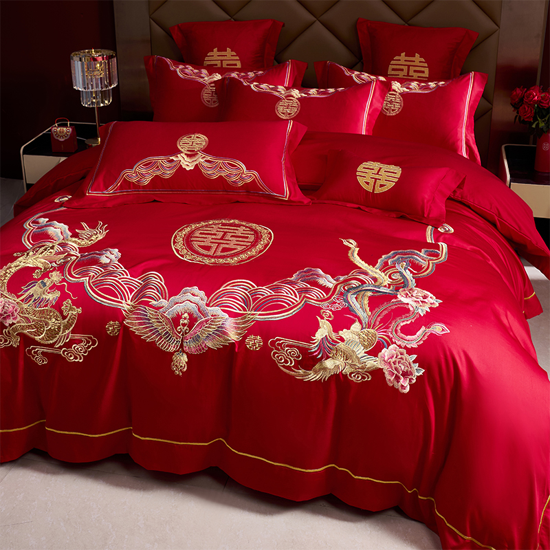 中式高档龙凤婚庆四件套大红色100S纯棉被套结婚送礼喜被床上用品