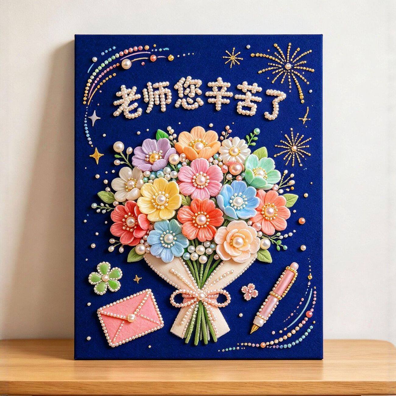 芳花谢师恩diy珍珠画百合绣球花束教师节鲜花谢栽培恩手工装饰画