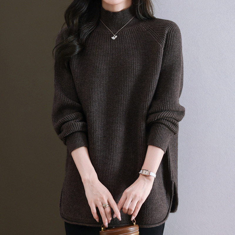秋冬半高领毛衣女中长款宽松加厚胖mm2025新款内搭显瘦大码打底衫
