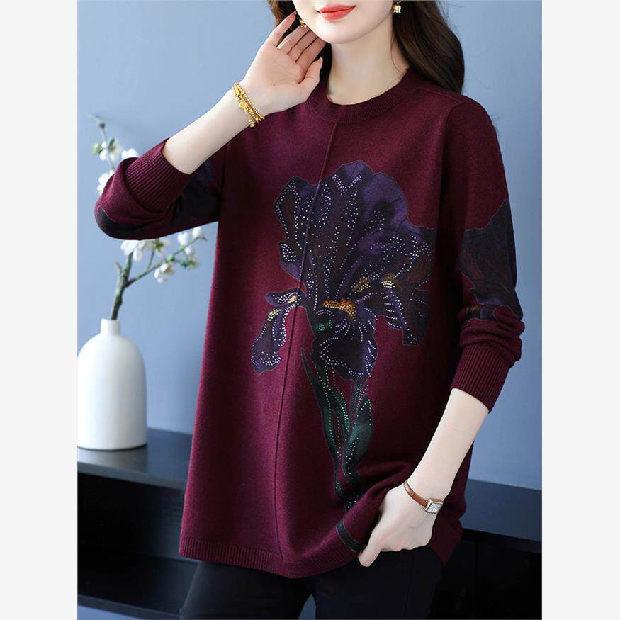 中年妈妈秋冬圆领印花羊毛衫女中长款毛衣加肥大码针织打底衫上衣