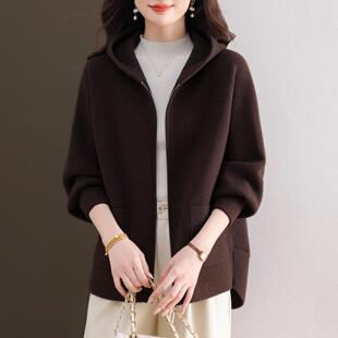 胖妈妈秋冬时尚连帽拉链开衫女宽松加肥加大码毛呢外套休闲上衣厚