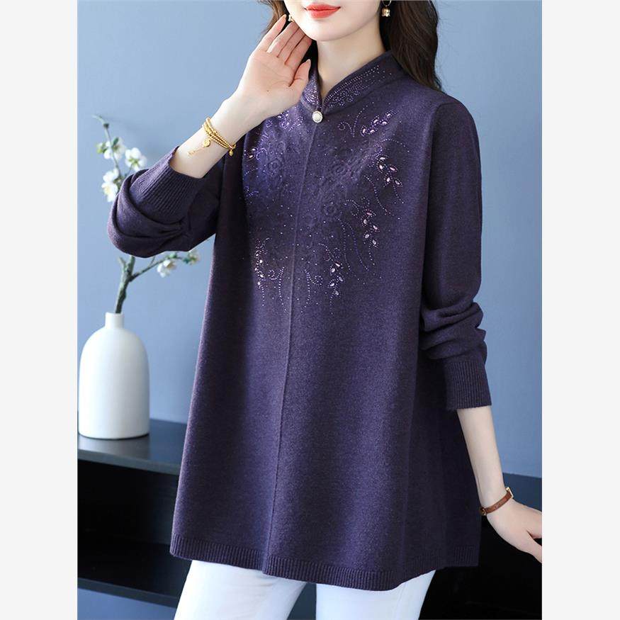 中年妈妈秋冬宽松毛衣女加肥加大码旗袍领打底衫中长款高贵羊毛衫