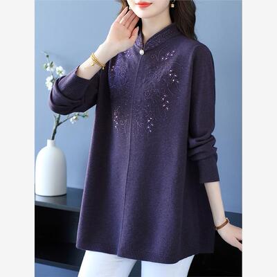 中年妈妈秋冬宽松毛衣女加肥加大码旗袍领打底衫中长款高贵羊毛衫